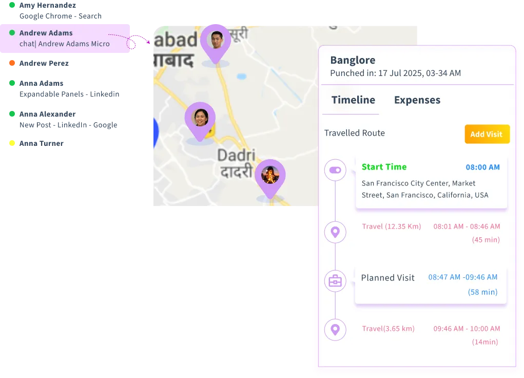 Historical location tracking to understand team movement, time use, and task management