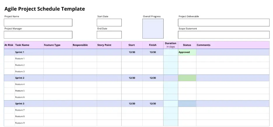 agile project schedule template 