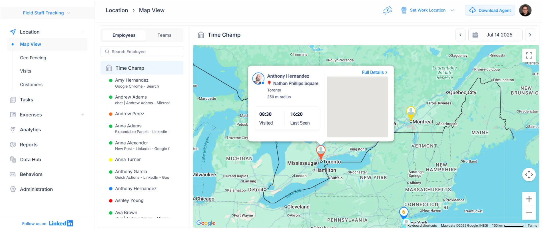 Automatic real-time location tracking during work hours