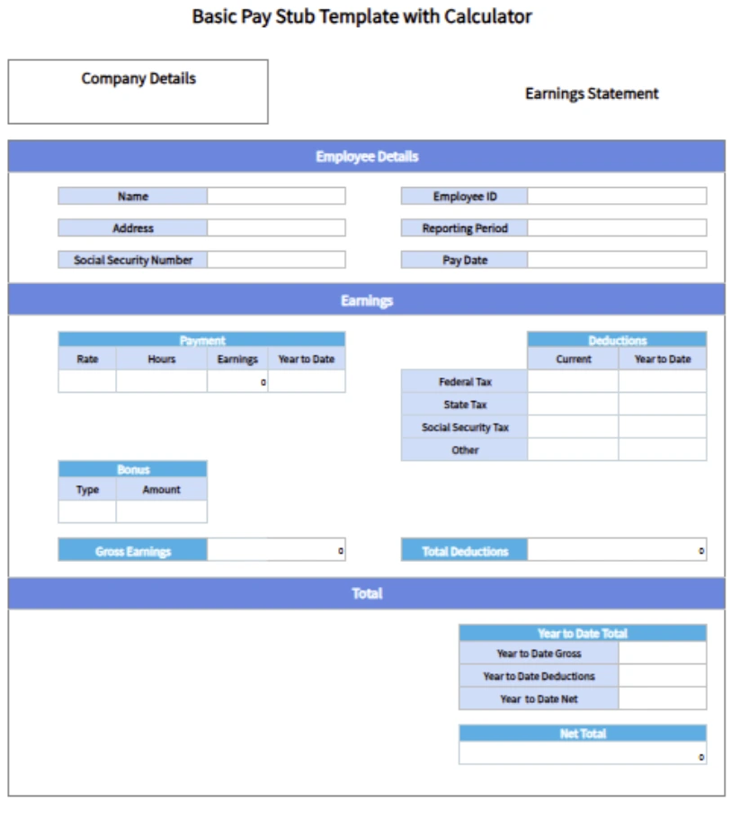basic pay stub template with calculator