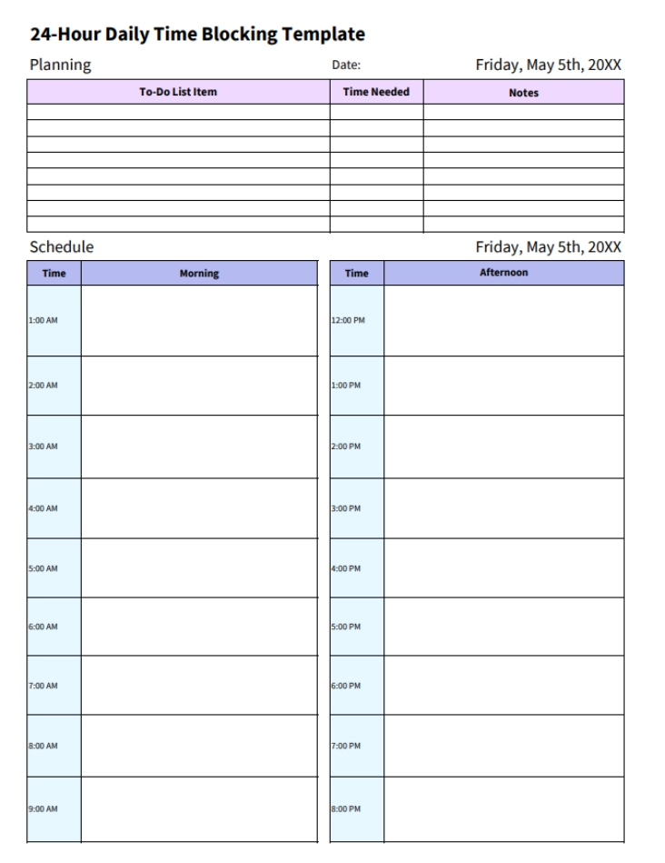 24 hour daily time blocking template 