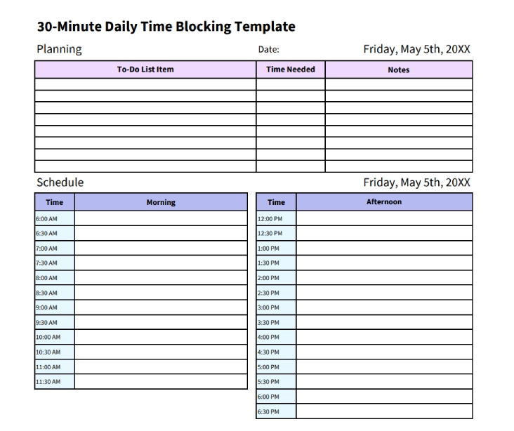30 min daily time blocking template 