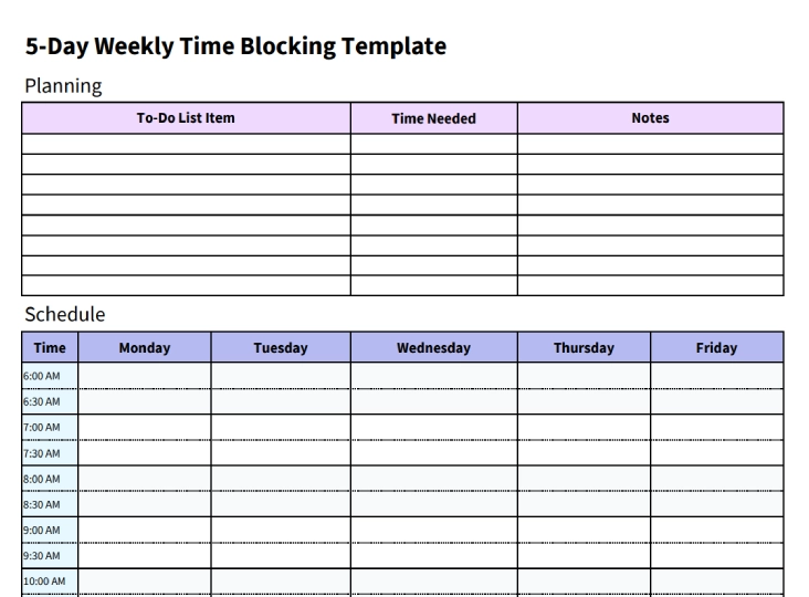5 day weekly time blocking template 