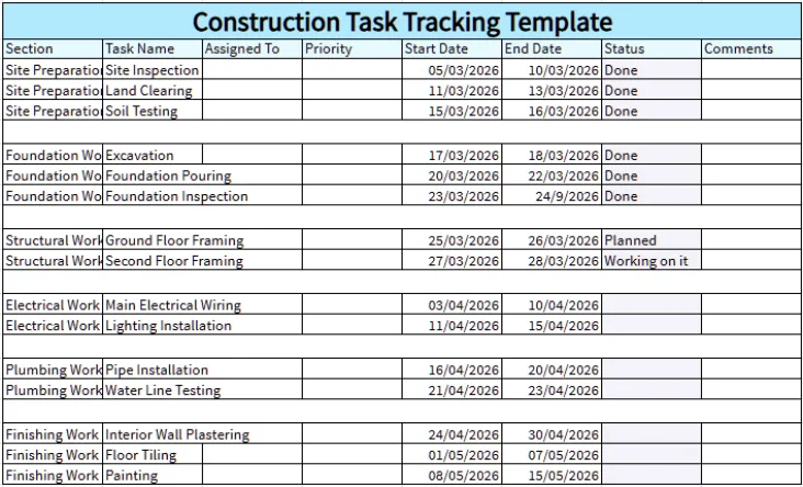  Construction Task Tracking Template
