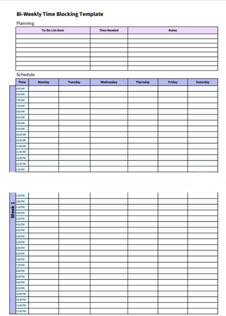 bi weekly time blocking template