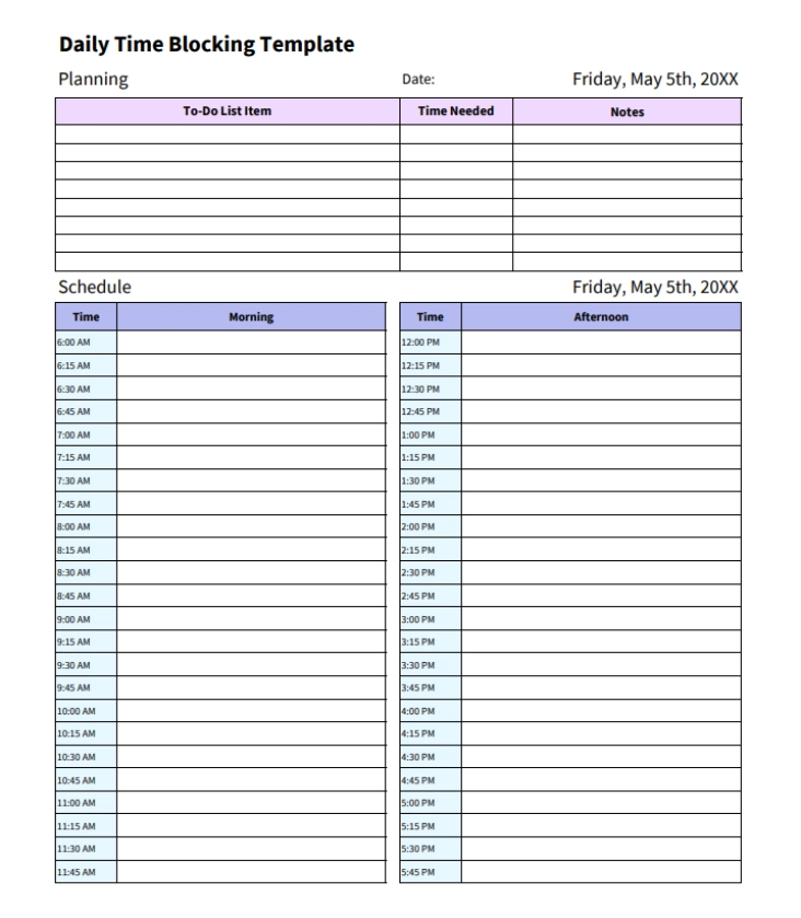 daily time blocking template