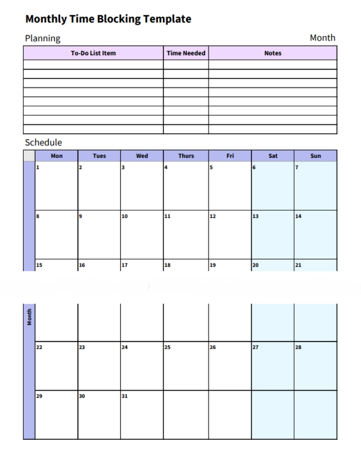 monthly time blocking template 