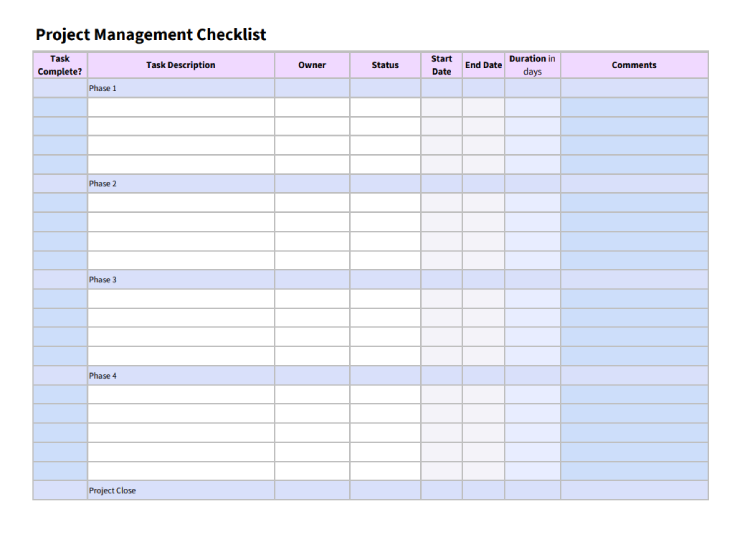 project management checklist template
