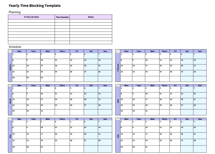 yearly time blocking template