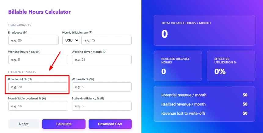  set the billable utilization percentage