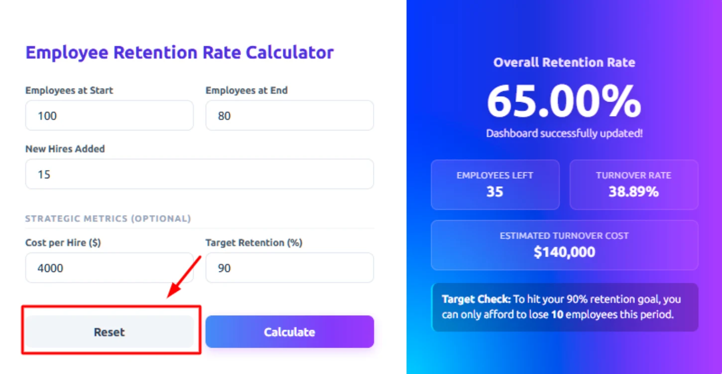 click reset to recalculate