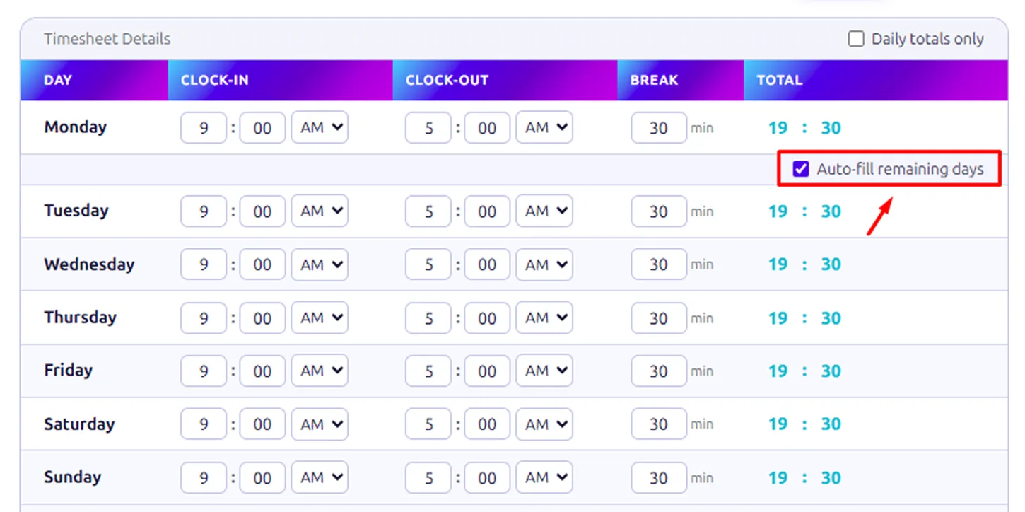 enter daily work hours 