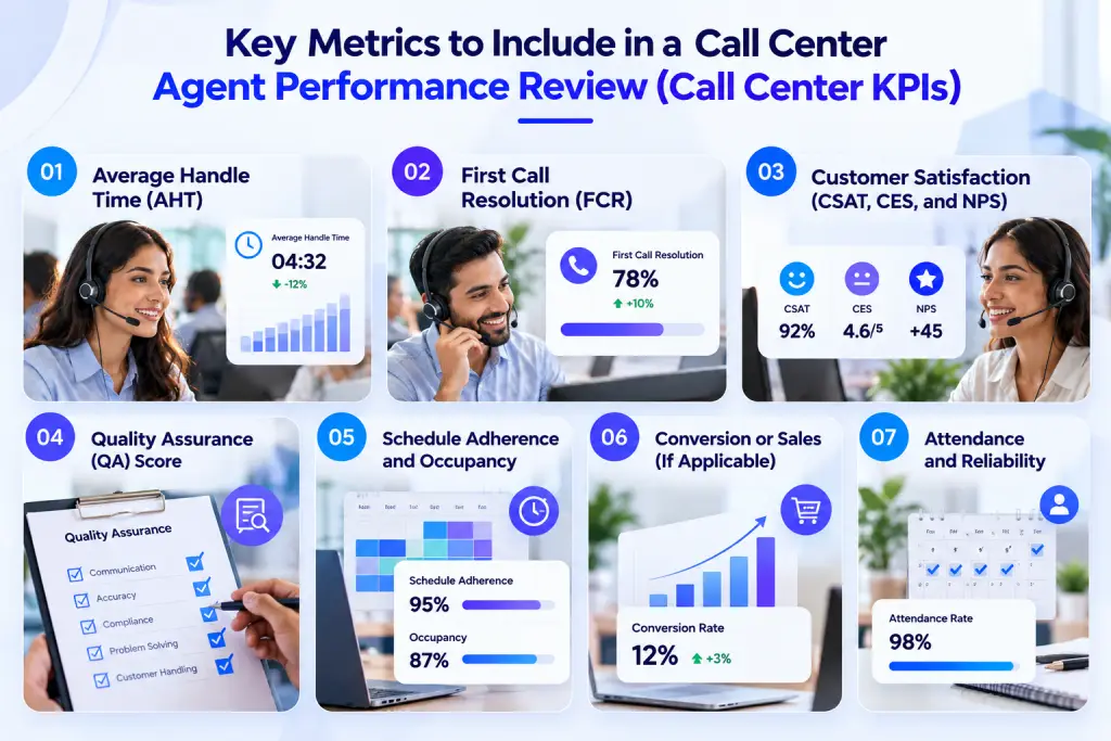 call center agent performance reviews kpis