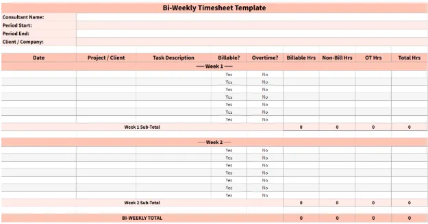 Bi-weekly timesheet template preview