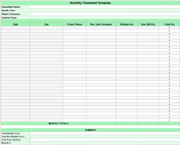 Monthly timesheet template preview