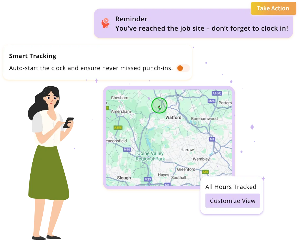 Reminder alerts to start time tracking on job site arrival