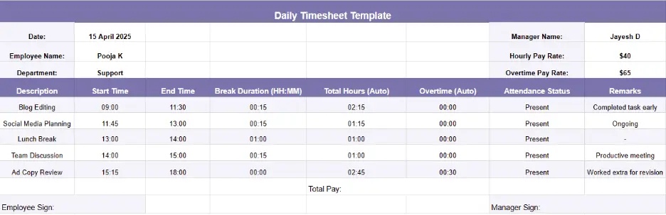 Daily Timesheet Template 