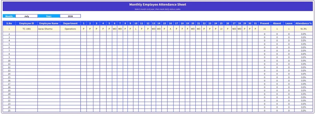 free monthly attendance sheet template