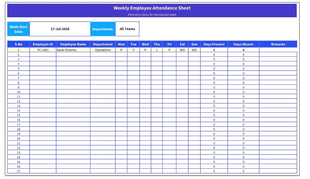 free weekly attendance sheet template