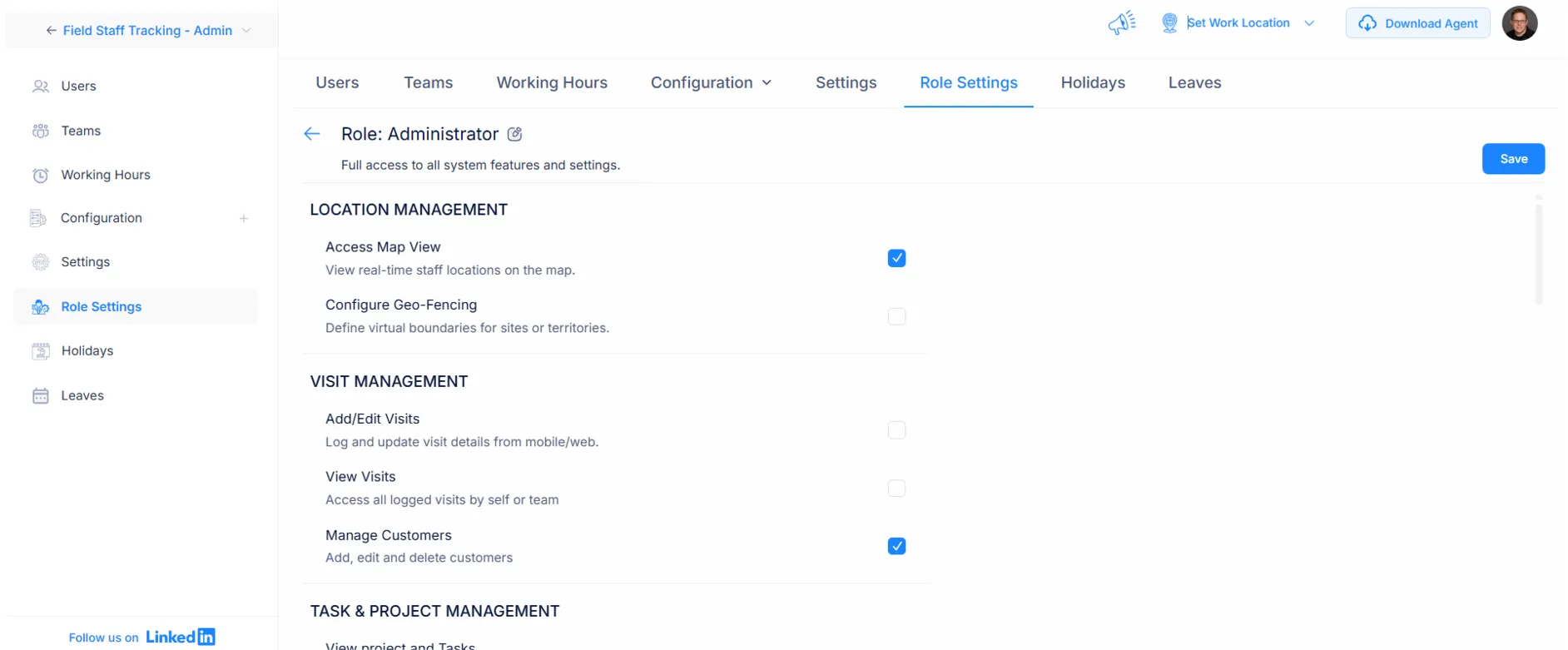 Turn on location tracking for team members from user settings