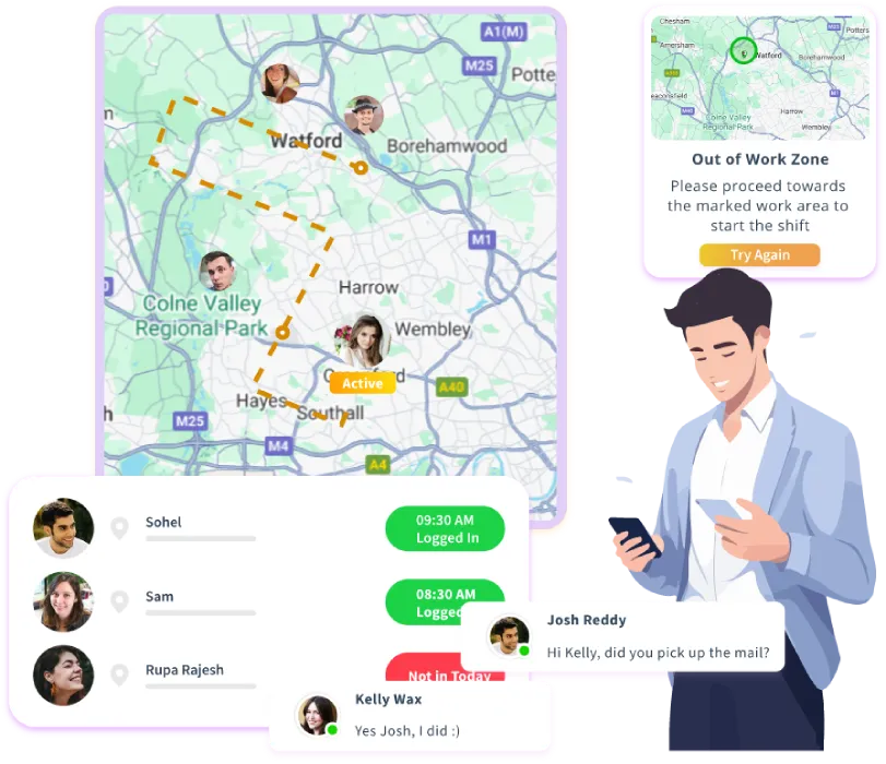 Field employee tracking app with clear map view