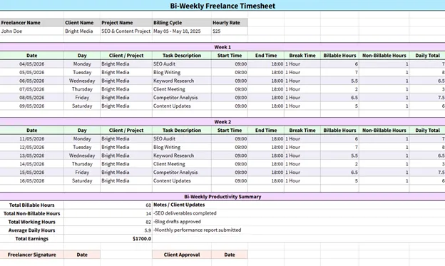 bi weekly freelance timsheet