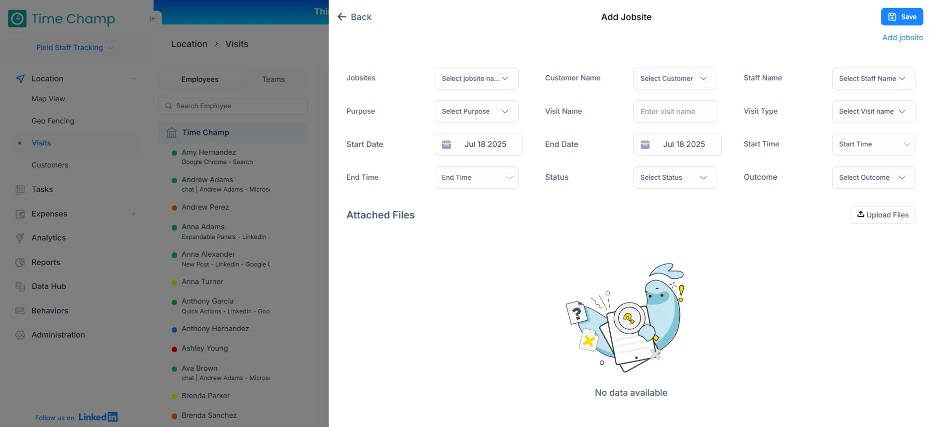 Dashboard view for adding and managing job sites