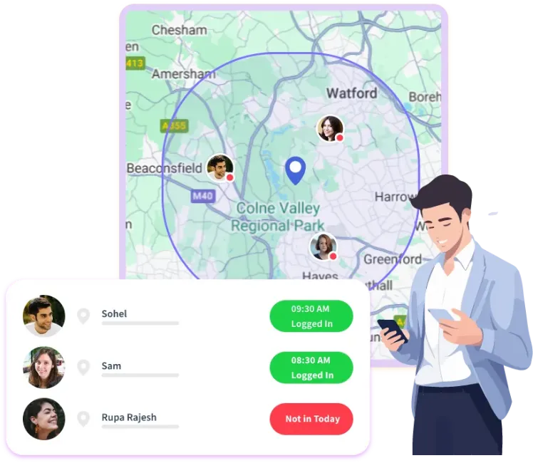 Geofenced check-ins with live map and mobile attendance status