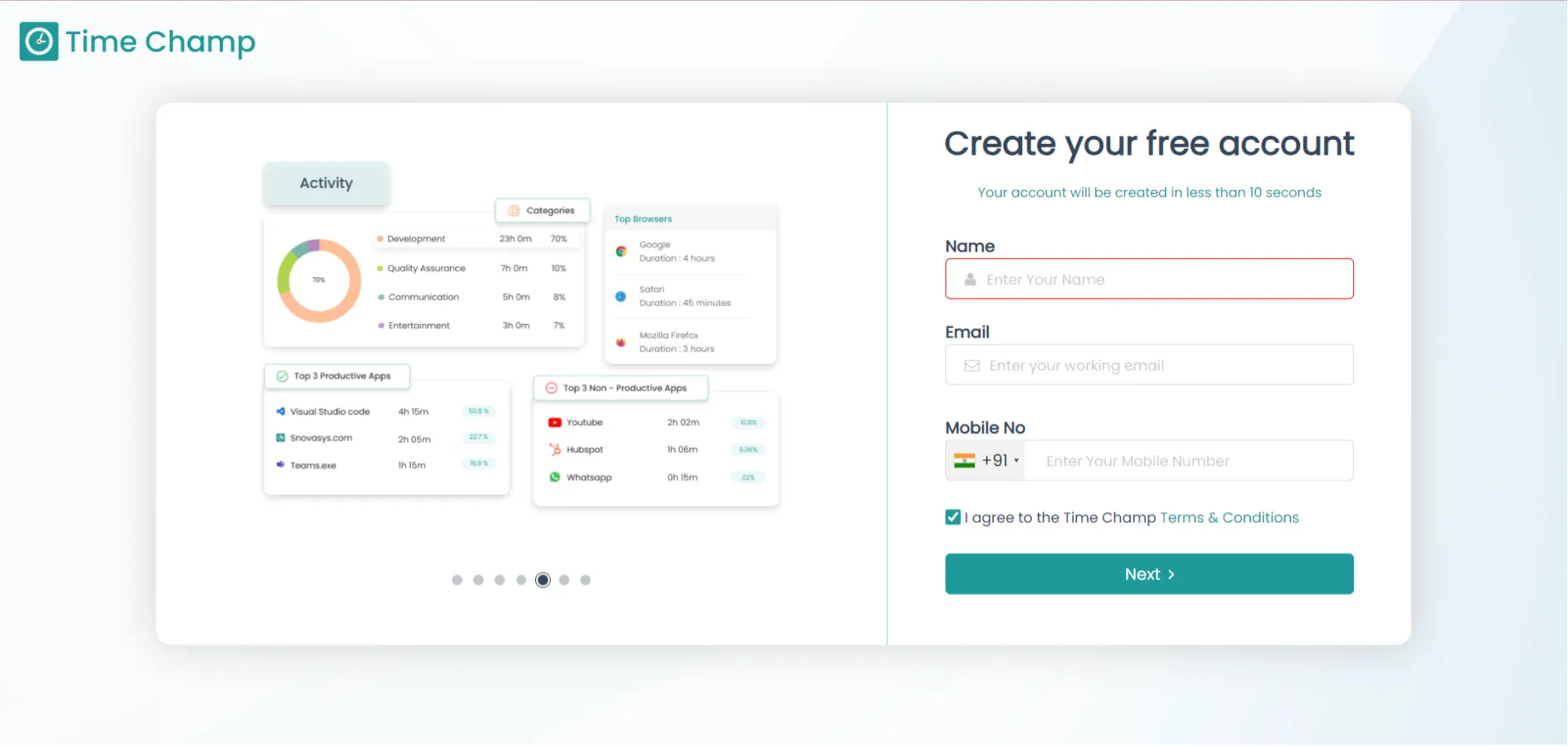 Sign-in interface requesting name, email, and mobile number