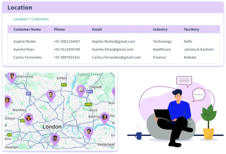 Verified job-site check-ins with map view and customer list