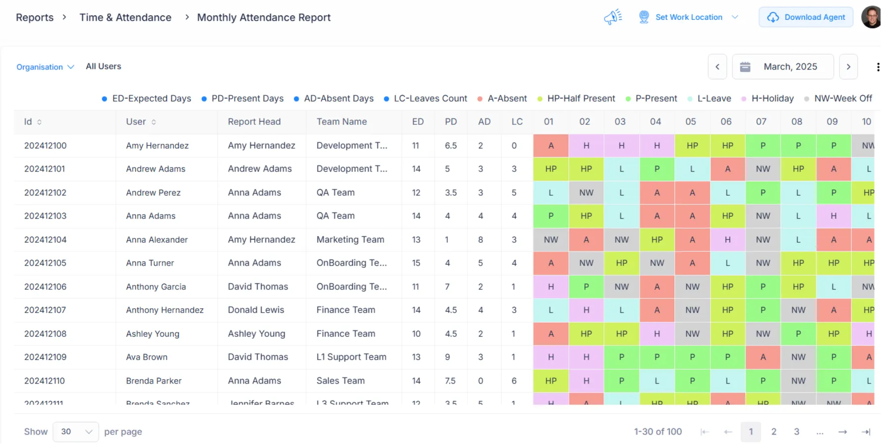 Color-coded attendance reports showing present, leave, and holidays
