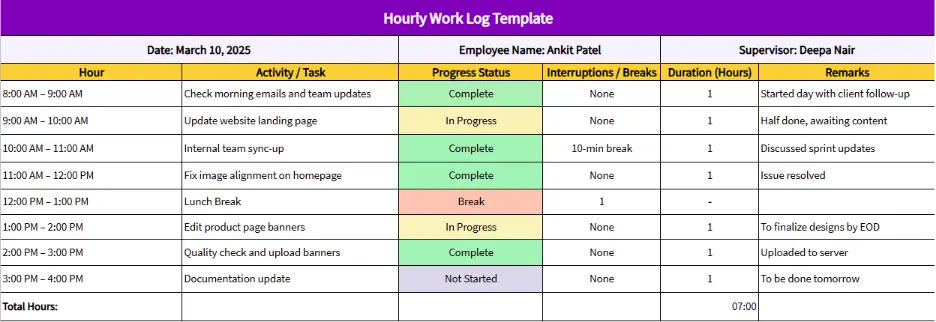 hourly work log template