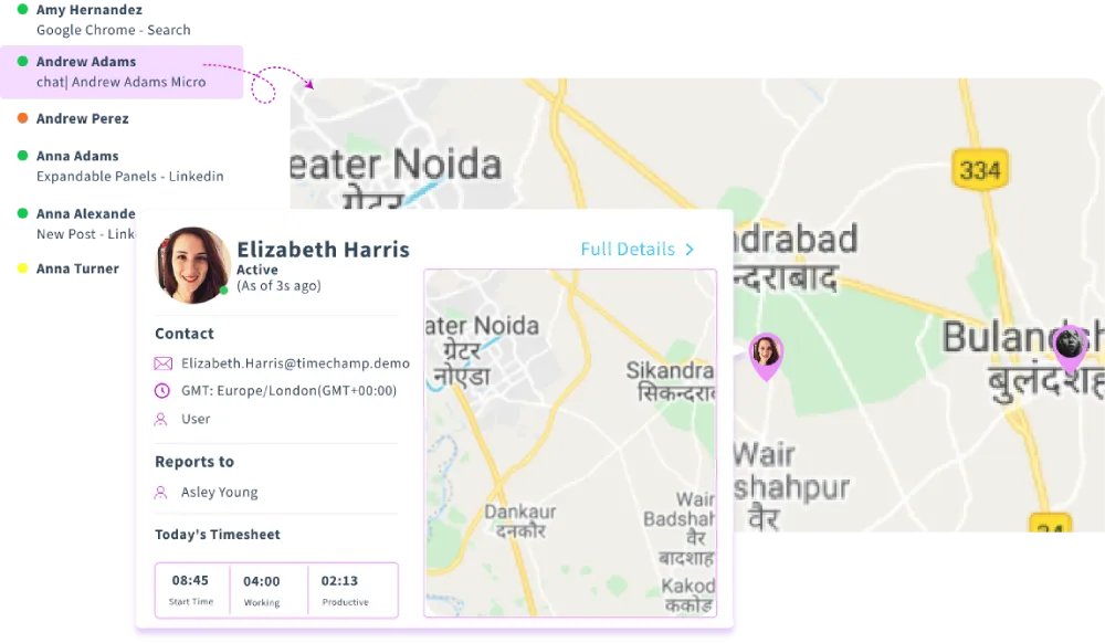 Real-time tracking of employee location and productivity on map view