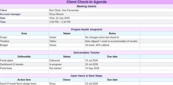 client check-in agenda template