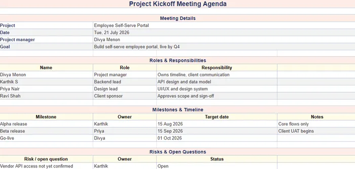 project kickoff agenda template
