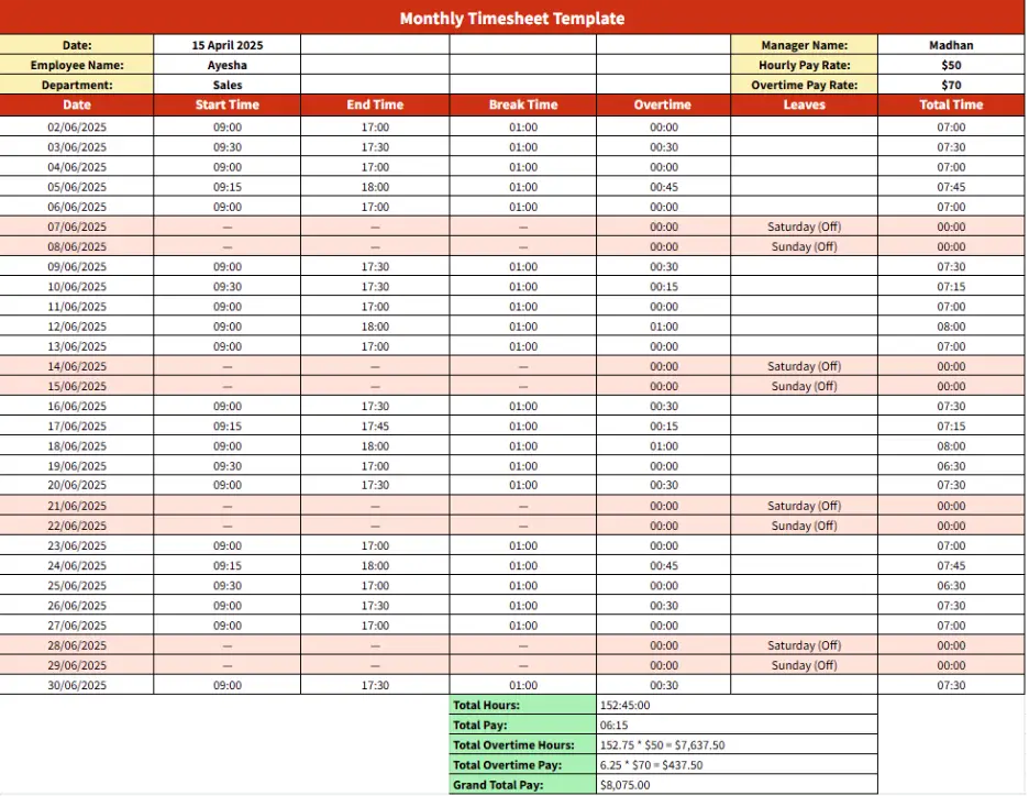 monthly timesheet template 