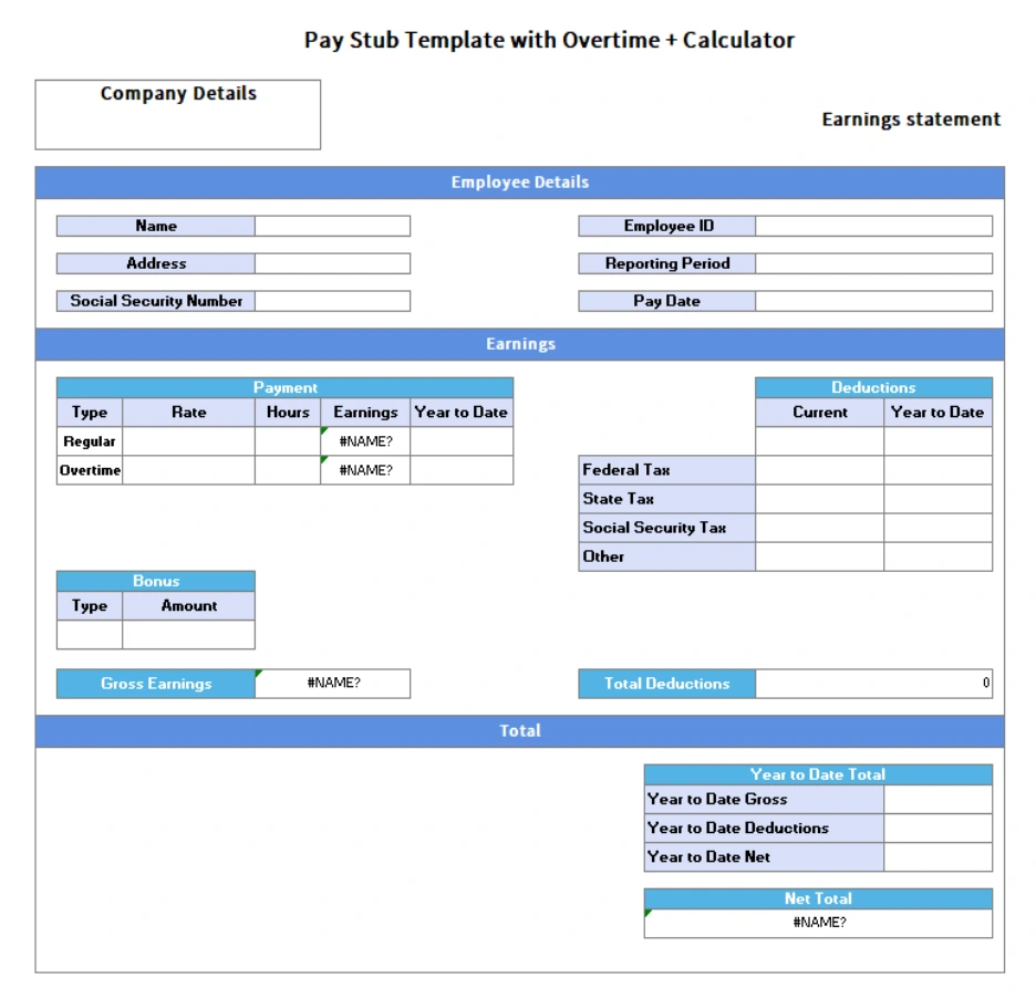 pay stub template with overtime and calculator