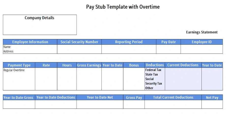 pay stub template with overtime 