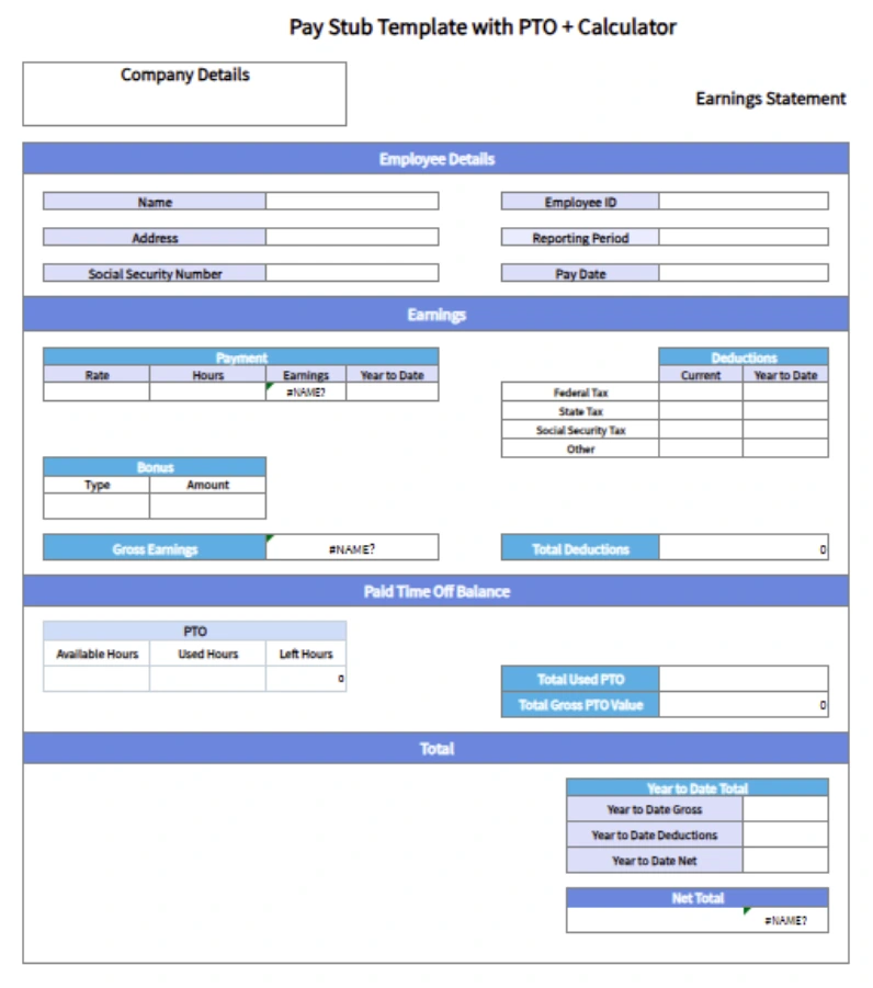 pay stub template with PTO and calculator