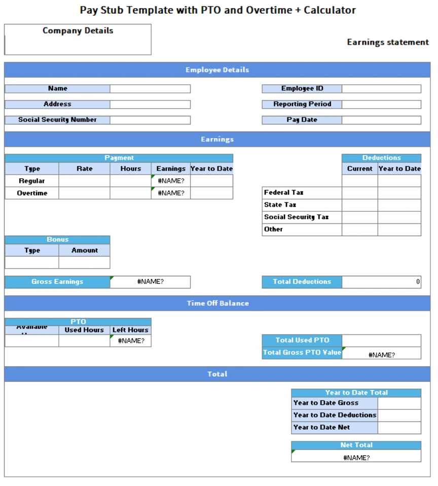 pay stub template with PTO overtime and calculator