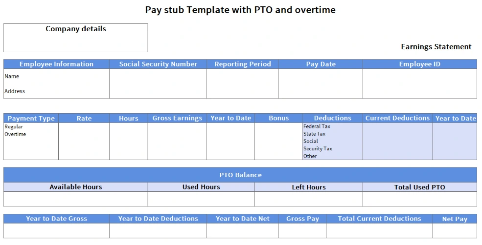 pay stub template with PTO and overtime