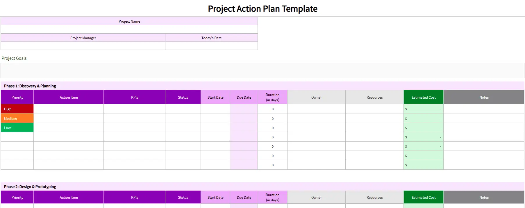  project action plan template