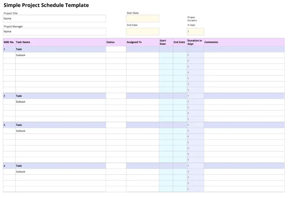 simple project schedule template