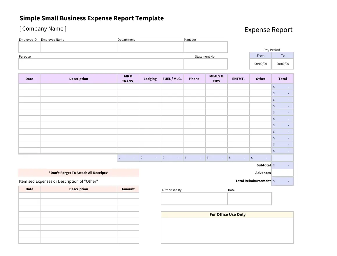simple small business expense report template 