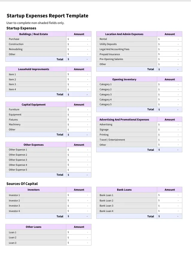  startup expense report template 