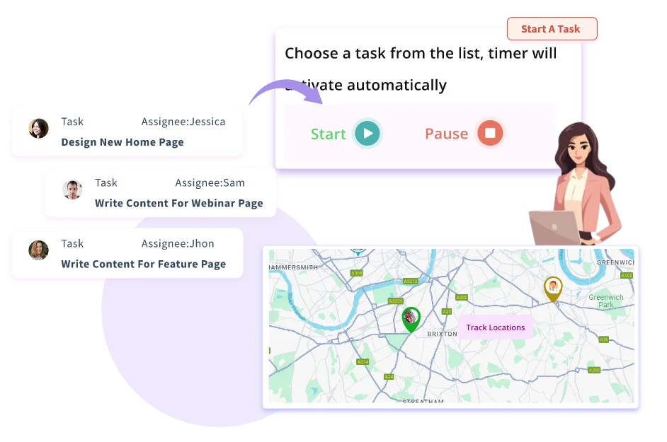Task selection with GPS timer and live location map.