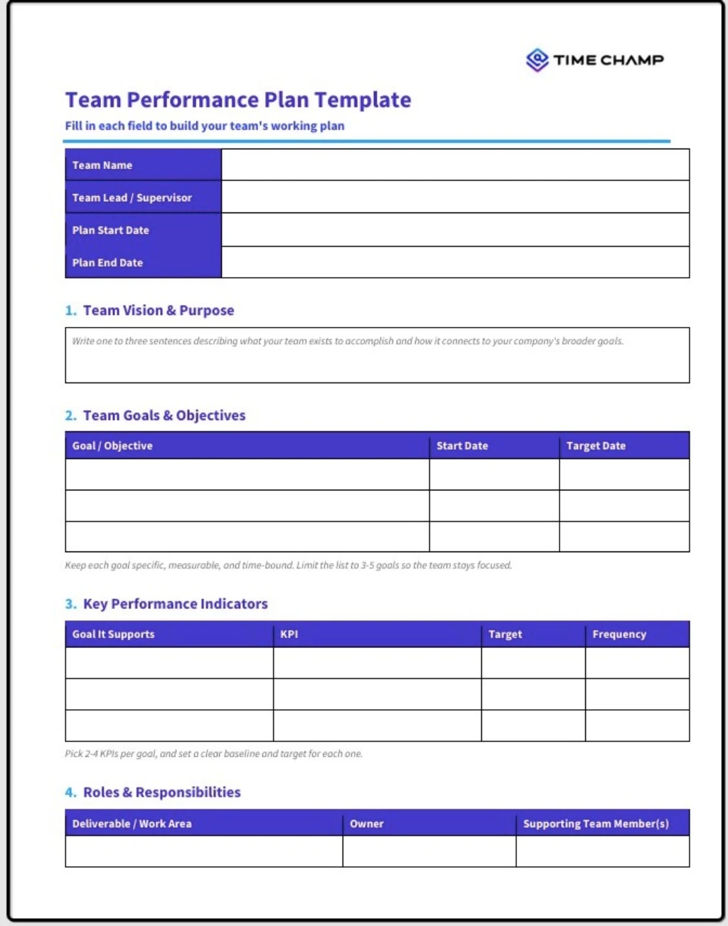 free team performance plan template