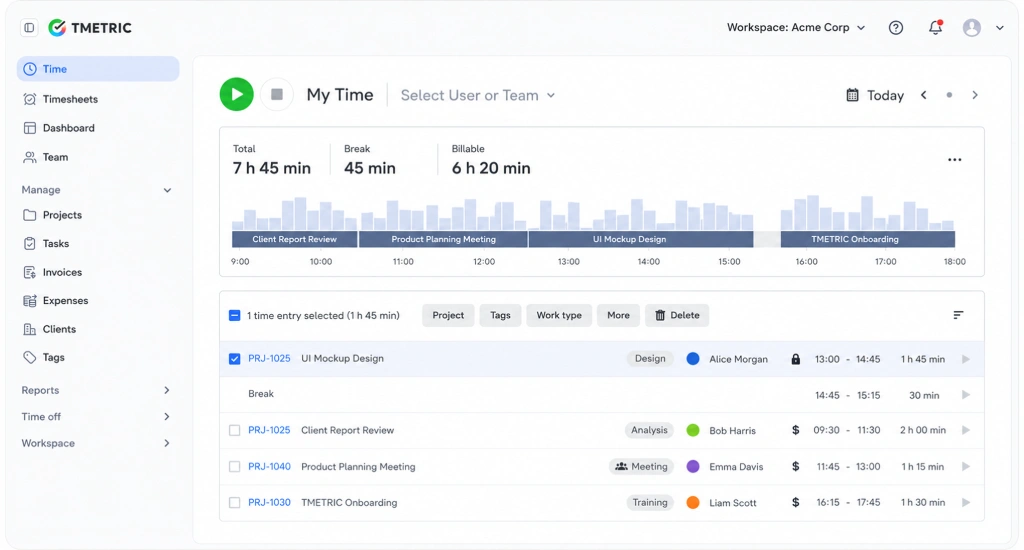 TMetric time tracking dashboard