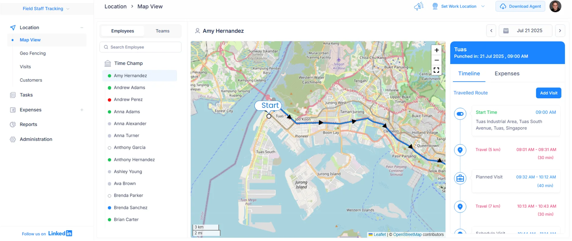 Map showing employee live locations with timelines