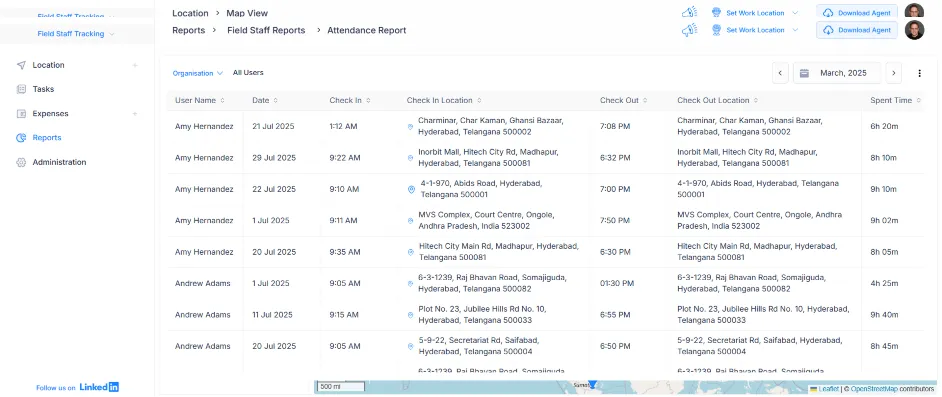 Dashboard view of employee location details